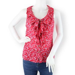 Anthropologie Edme & Esyllte Sleeveless Red Floral Ruffle Blouse Size 4